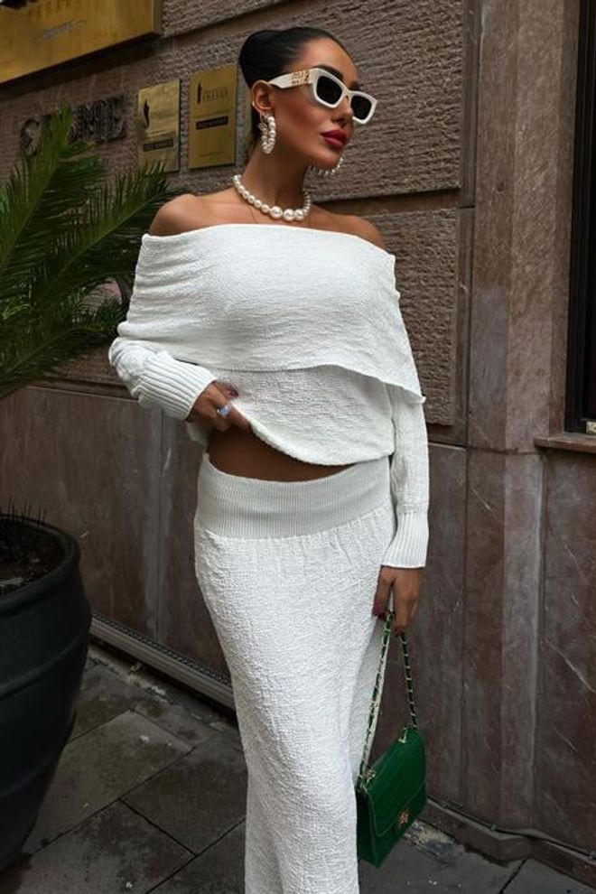 Sobe Istanbul Madonna Collar Skirt Suit Ecru Wholesale Clothing Polyester