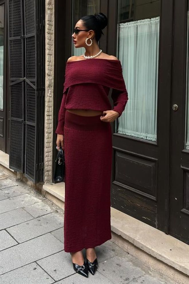 Sobe Istanbul Madonna Collar Skirt Suit Claret Red Wholesale Clothing Elegant