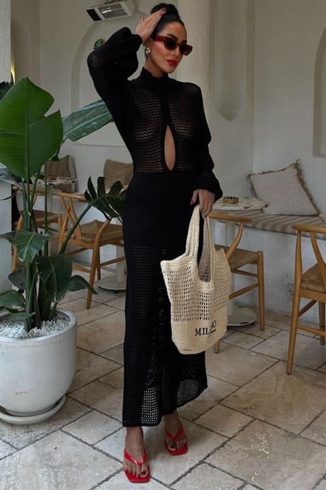 Sobe Istanbul فستان محبوك مخرم أسود ملابس بالجملة غير رسمي