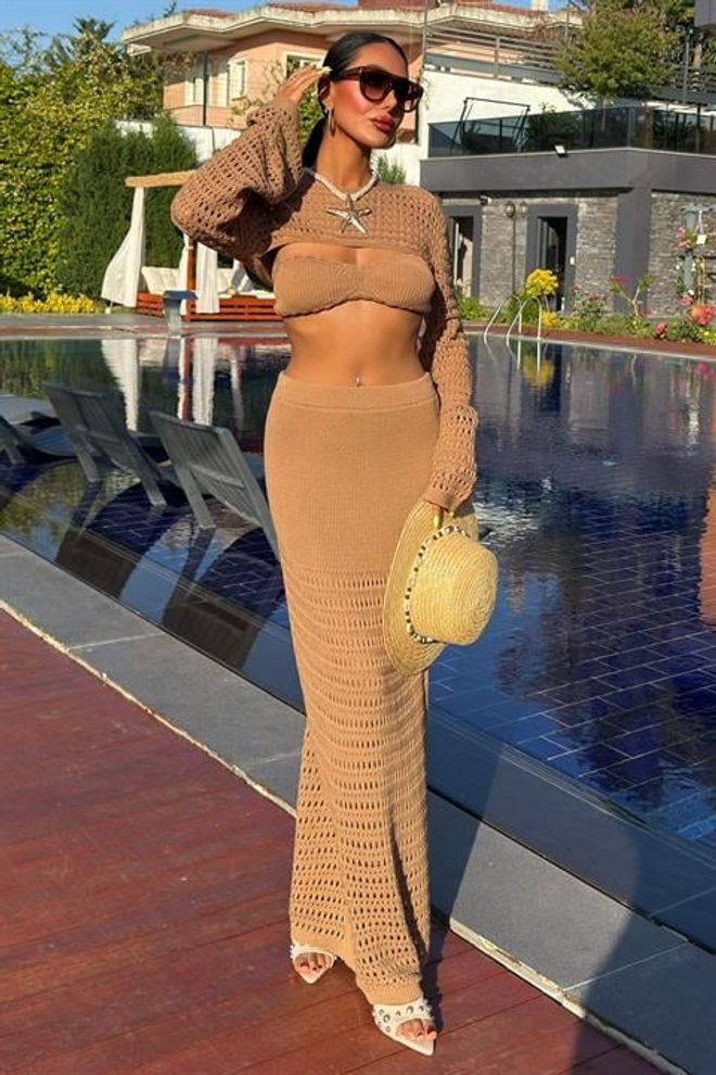 Sobe Istanbul Opengewerkte Driedubbele Set Met Bustier En Bolero Mokka Groothandel Kleding Casual