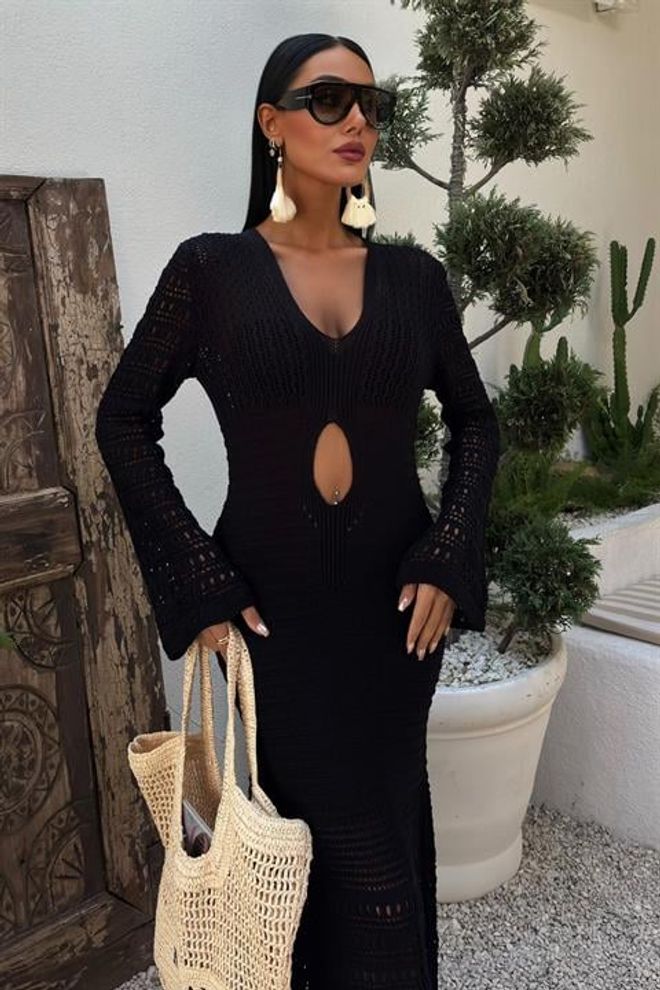 Sobe Istanbul فستان مخرم بفتحة رقبة على البطن ملابس بالجملة أكريليك