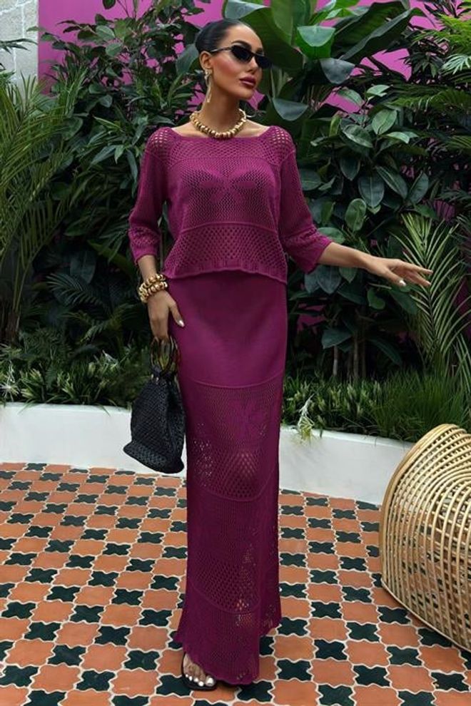 Sobe Istanbul Boat Neck Half Sleeve Openwork Knitwear Suit Purple Wholesale Clothing Casual