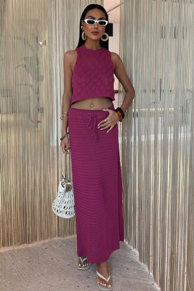 Sobe Istanbul Back Cross Detail Openwork Knitwear Suit Purple Wholesale Clothing Casual