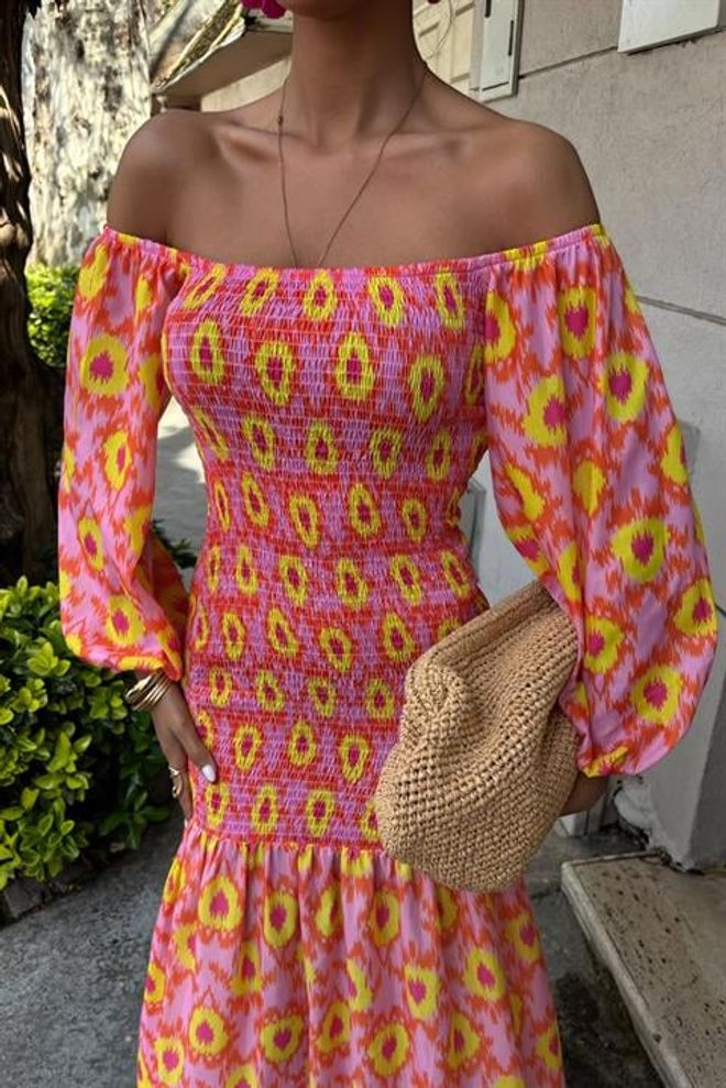 Sobe Istanbul Vestido Estampado Detalhado Madonna Collar Gipe Roupas por atacado Formal