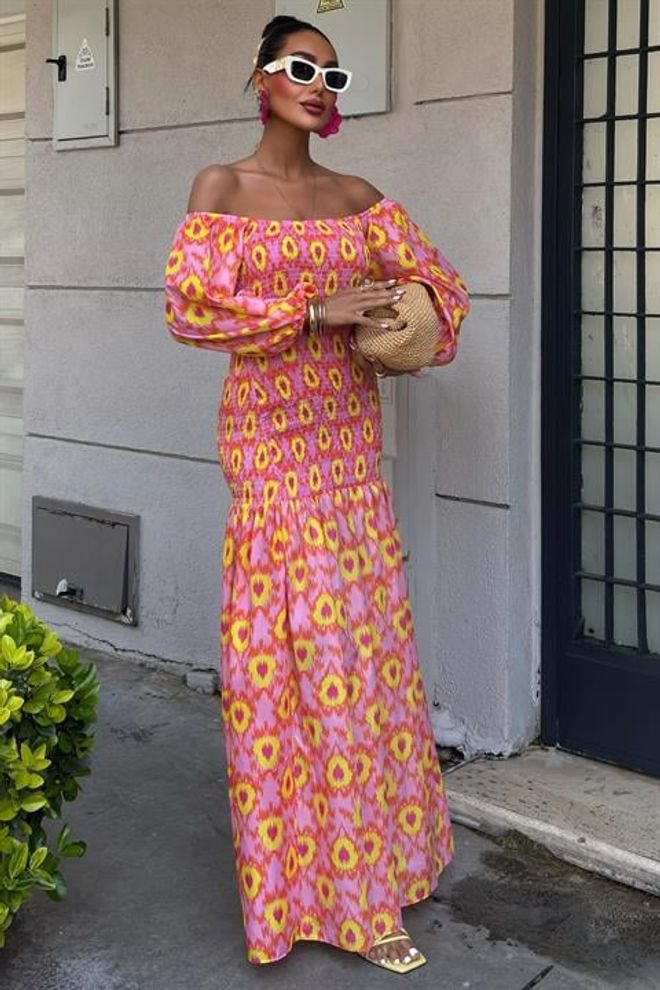 Sobe Istanbul Vestido Estampado Detalhado Madonna Collar Gipe Roupas por atacado Verão