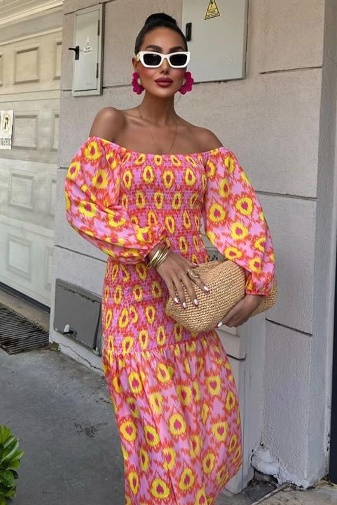 Sobe Istanbul Vestido Estampado Detalhado Madonna Collar Gipe Roupas por atacado Poliéster