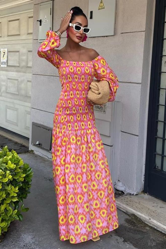 Sobe Istanbul Vestido Estampado Detalhado Madonna Collar Gipe Roupas por atacado Festa