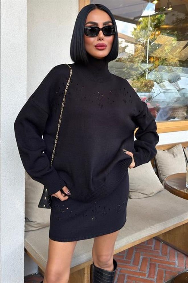 Sobe Istanbul Zwarte Set Met Schildpadnek En Bodycon Mini Rok Groothandel Kleding 1