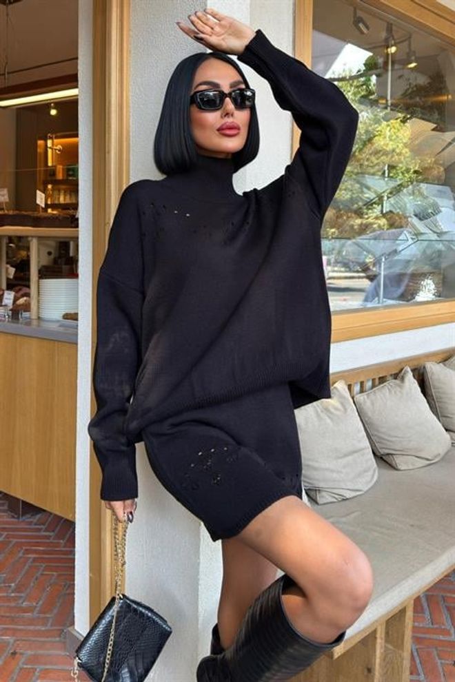 Sobe Istanbul Zwarte Set Met Schildpadnek En Bodycon Mini Rok Groothandel Kleding Lounge