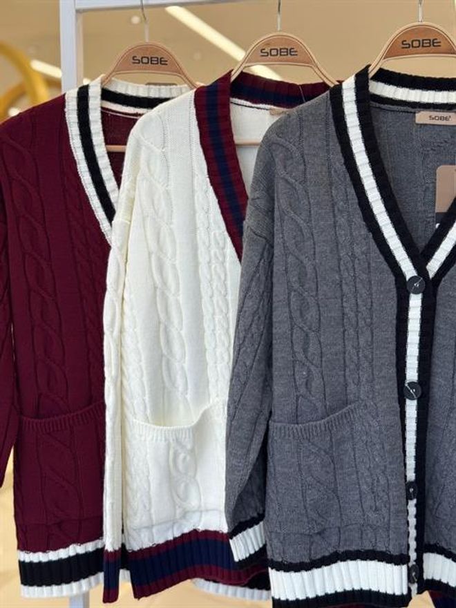 Sobe Istanbul Grey Oversized Fit V Neck Cardigan With Patch Pockets Wholesale Clothing Work