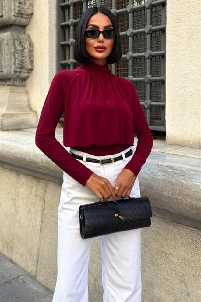 Sobe Istanbul Bluză Elegantă Roșu Bordo Cu Gât Înalt Și Mâneci Lungi Îmbrăcăminte cu ridicata Casual