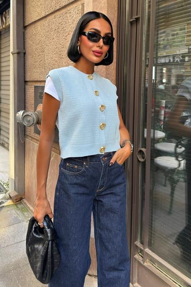 Sobe Istanbul Синий Укороченный Жилет На Пуговицах С Обычной Посадкой Оптовая продажа одежды Повседневный