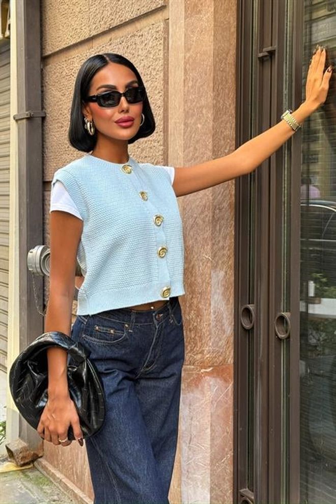 Sobe Istanbul Blue Buttoned Crop Vest With Regular Fit Wholesale Clothing Preppy