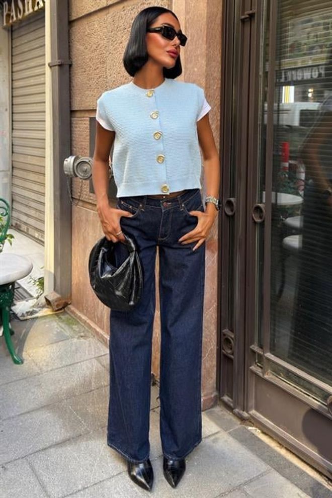 Sobe Istanbul Blue Buttoned Crop Vest With Regular Fit Wholesale Clothing 1