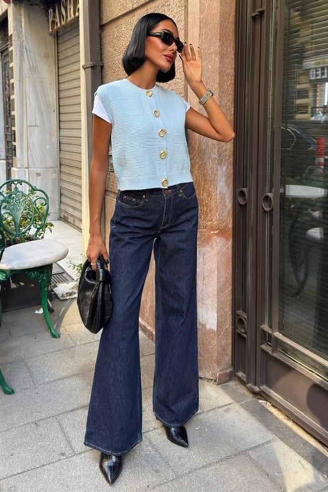 Sobe Istanbul Blue Buttoned Crop Vest With Regular Fit Wholesale Clothing Spring