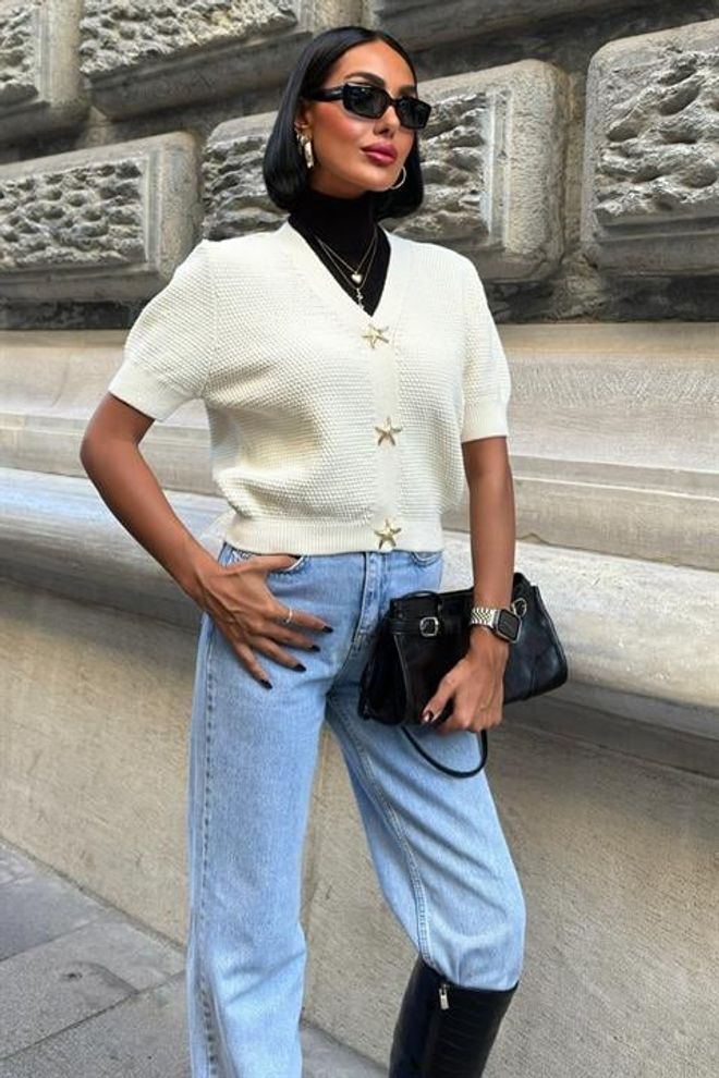 Sobe Istanbul Biely Elegantný Kardigán S V výstrihom A Zapínaním Na Gombíky Veľkoobchod s oblečením Neformálny