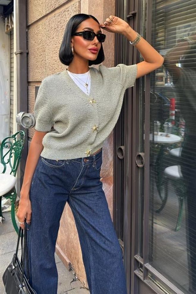 Sobe Istanbul Grey Cardigan With V Neck And Button Closure Wholesale Clothing Preppy