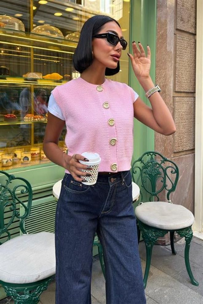 Sobe Istanbul Pink Casual Buttoned Crop Vest Wholesale Clothing Preppy
