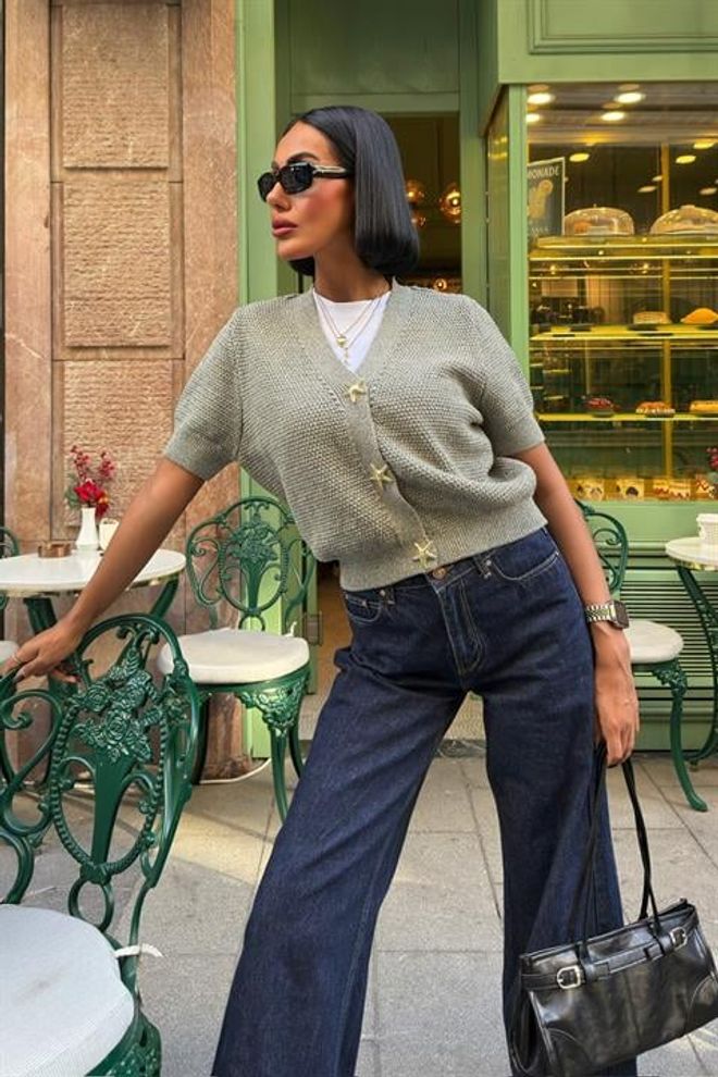 Sobe Istanbul Grey Cardigan With V Neck And Button Closure Wholesale Clothing Spring