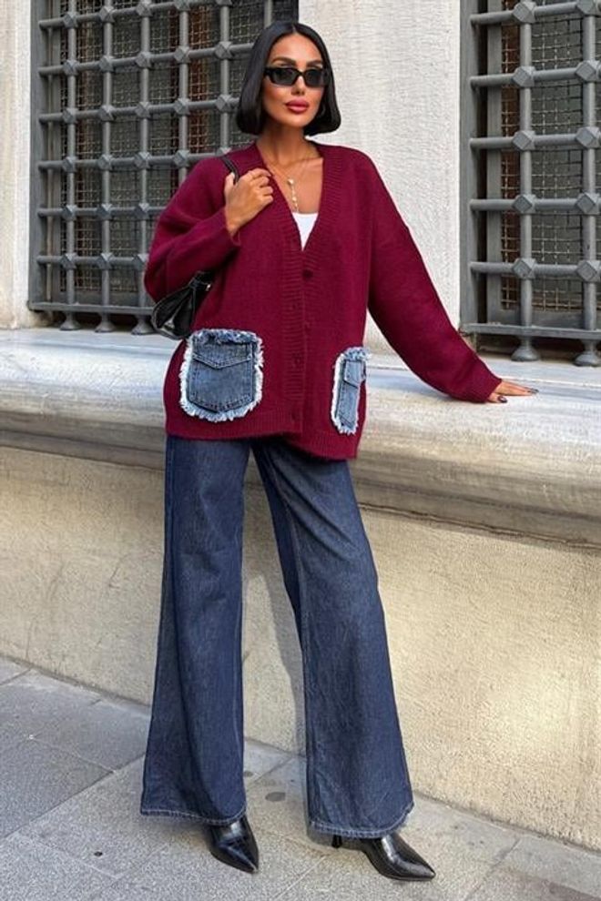 Sobe Istanbul Bordový Kardigán Voľného Strihu S Našitými Vreckami Veľkoobchod s oblečením Neformálny