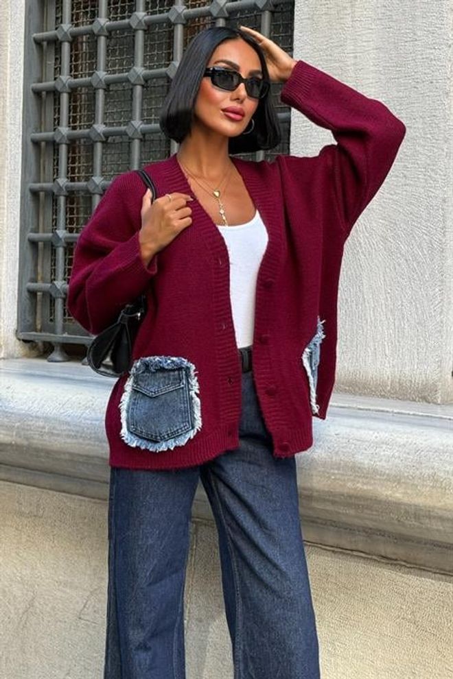 Sobe Istanbul Claret Red Cardigan With Oversized Fit And Patch Pockets Wholesale Clothing 1