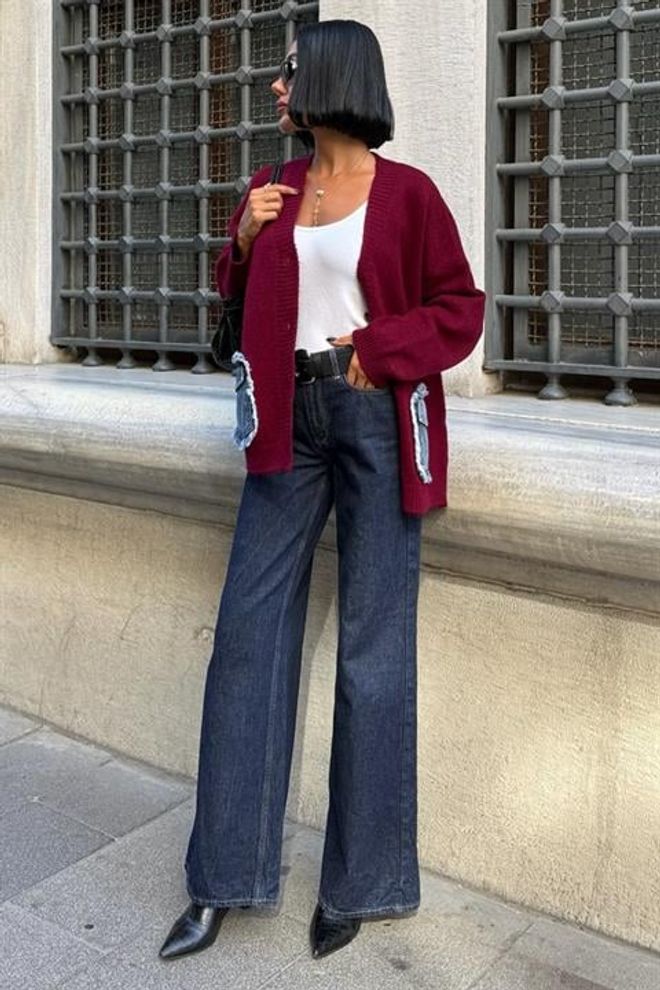 Sobe Istanbul Claret Red Cardigan With Oversized Fit And Patch Pockets Wholesale Clothing Lounge