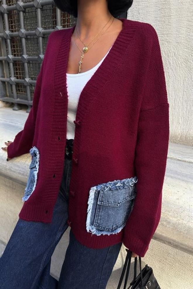 Sobe Istanbul Claret Red Cardigan With Oversized Fit And Patch Pockets Wholesale Clothing Spring