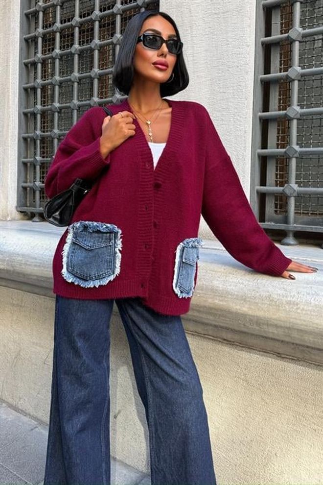 Sobe Istanbul Claret Red Cardigan With Oversized Fit And Patch Pockets Wholesale Clothing 5