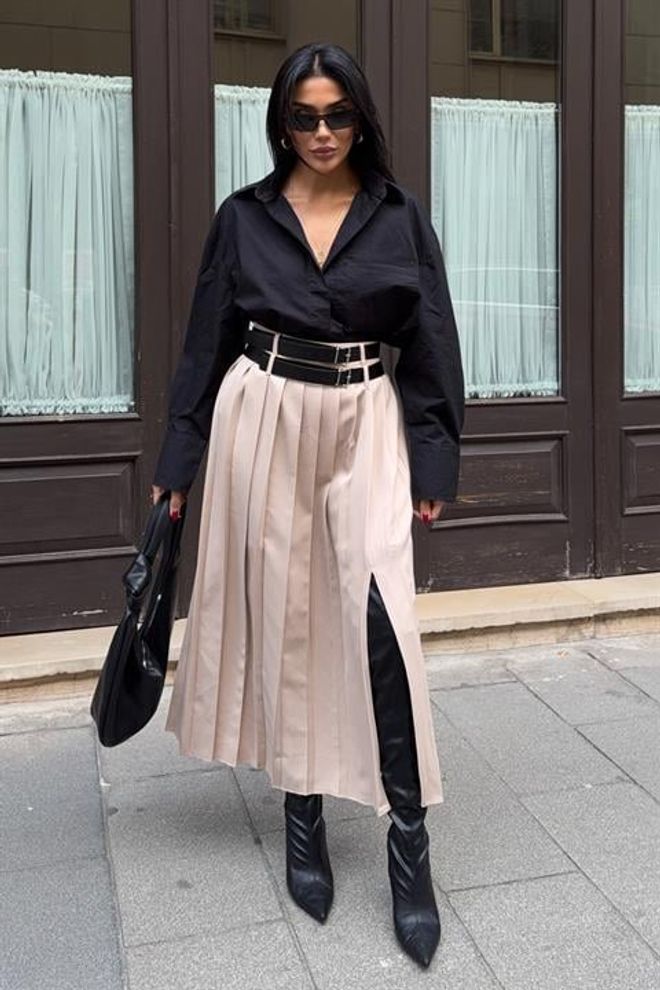 Sobe Istanbul Beige Plissierter High Waist Midi Rock Großhandelskleidung Sexy