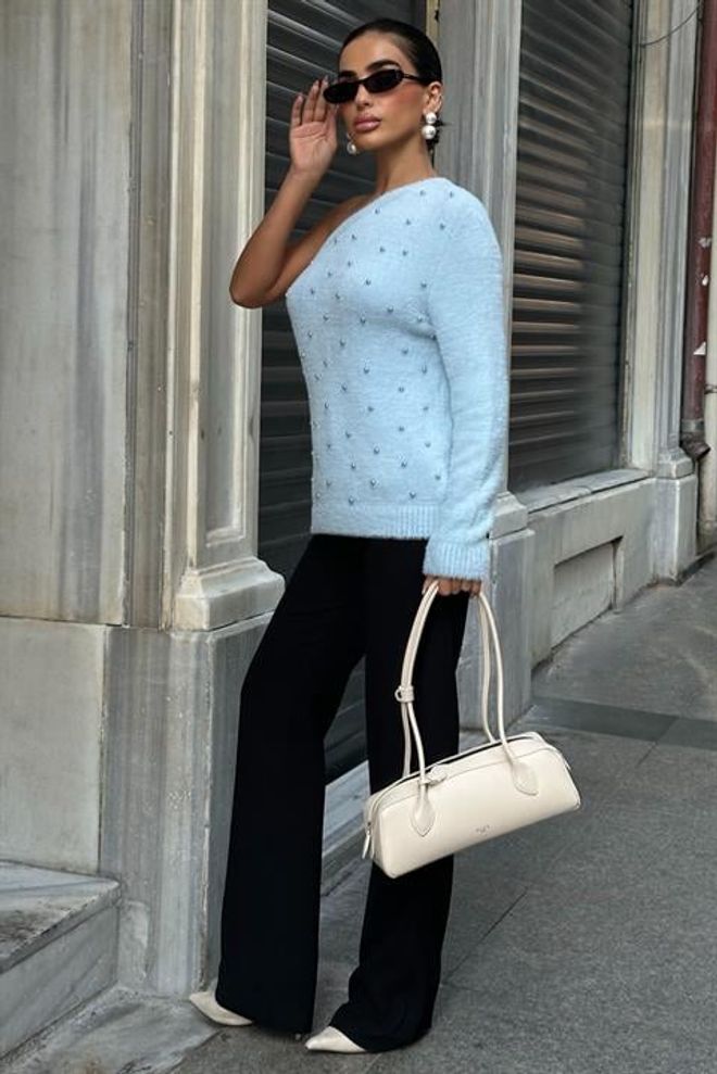 Sobe Istanbul Blue Sweater With One Shoulder Neck Casual Elegant Wholesale Clothing Work