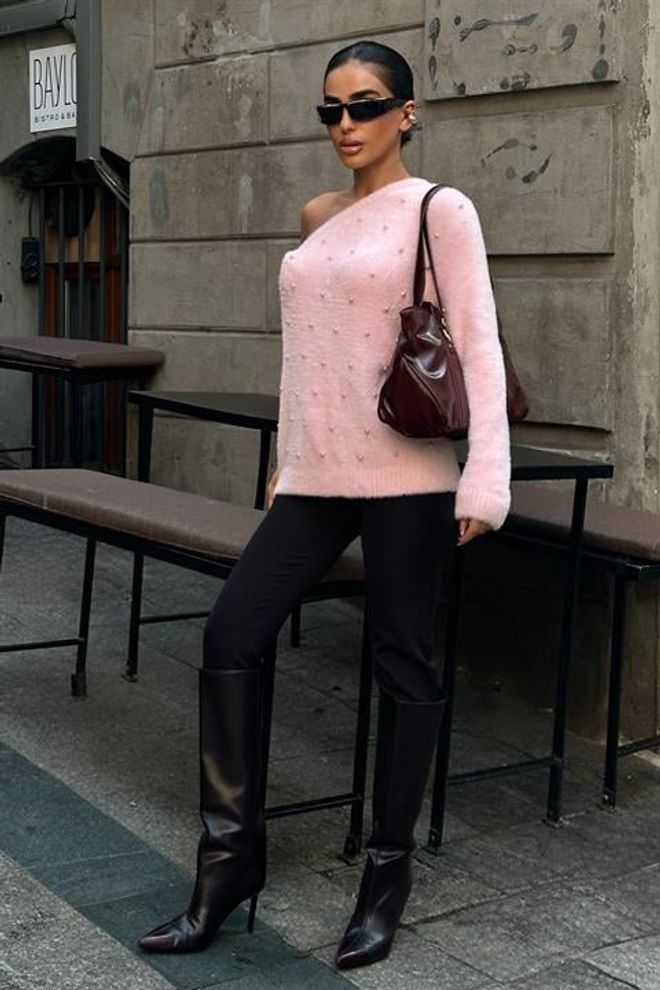 Sobe Istanbul Pull Over Rose Ajusté À Encolure Asymétrique Vêtements en gros Travail