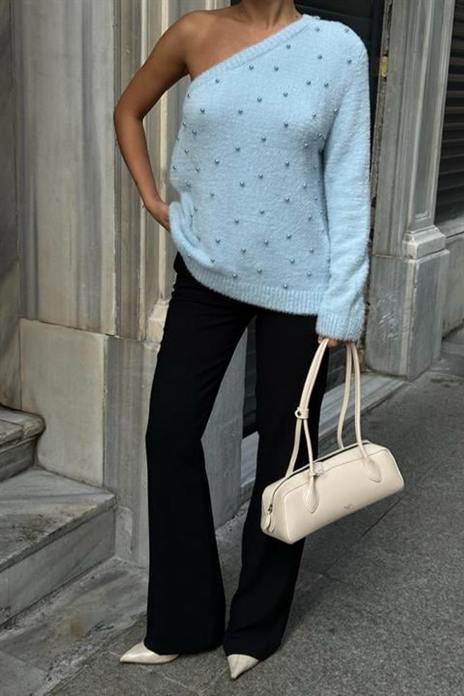 Sobe Istanbul Blue Sweater With One Shoulder Neck Casual Elegant Wholesale Clothing 5