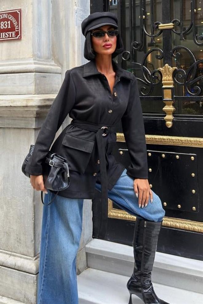 Sobe Istanbul Црн Регулар Фит Мајица Јакна Са Џеповима Са Преклопом Велепродаја одеће скроман