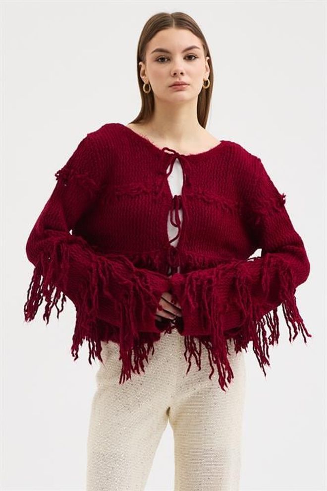 Sobe Istanbul Casaco De Malha Vermelho Clarete Boho Crop Amarrar Na Frente – Estilo Vintage Outono Roupas por atacado Casual