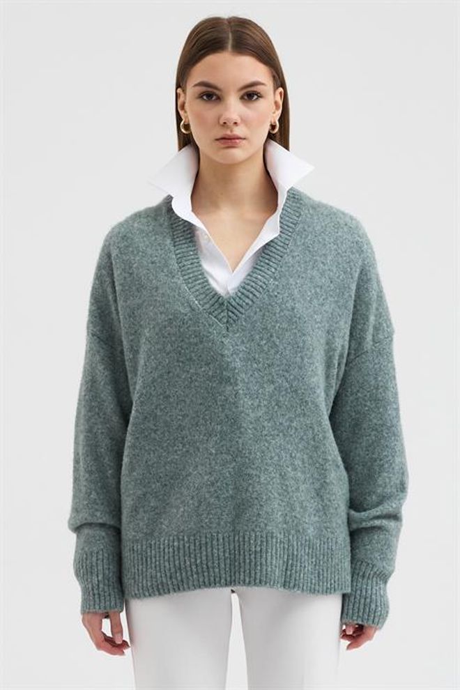 Sobe Istanbul Camisola Verde Gola V Oversized Roupas por atacado Casual