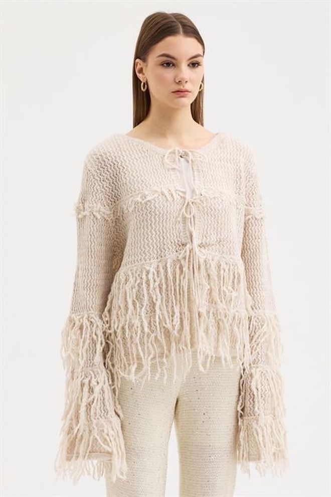 Sobe Istanbul Casaco De Malha Boho Bege Com Laço E Mangas Em Sino Roupas por atacado Casual