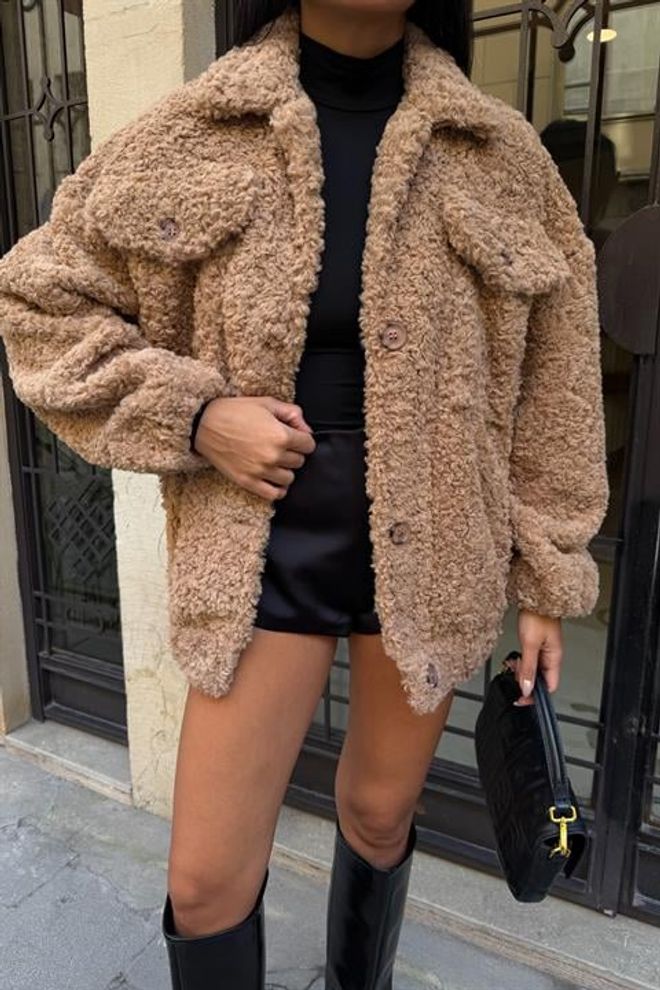 Sobe Istanbul Hnedá Teddy Bunda S Voľným Strihom Veľkoobchod s oblečením Jeseň