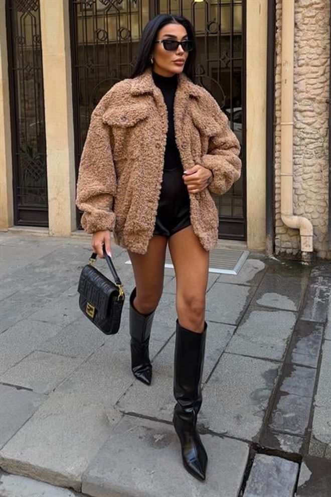 Sobe Istanbul Blouson Teddy Brun Grande Taille Vêtements en gros Décontracté