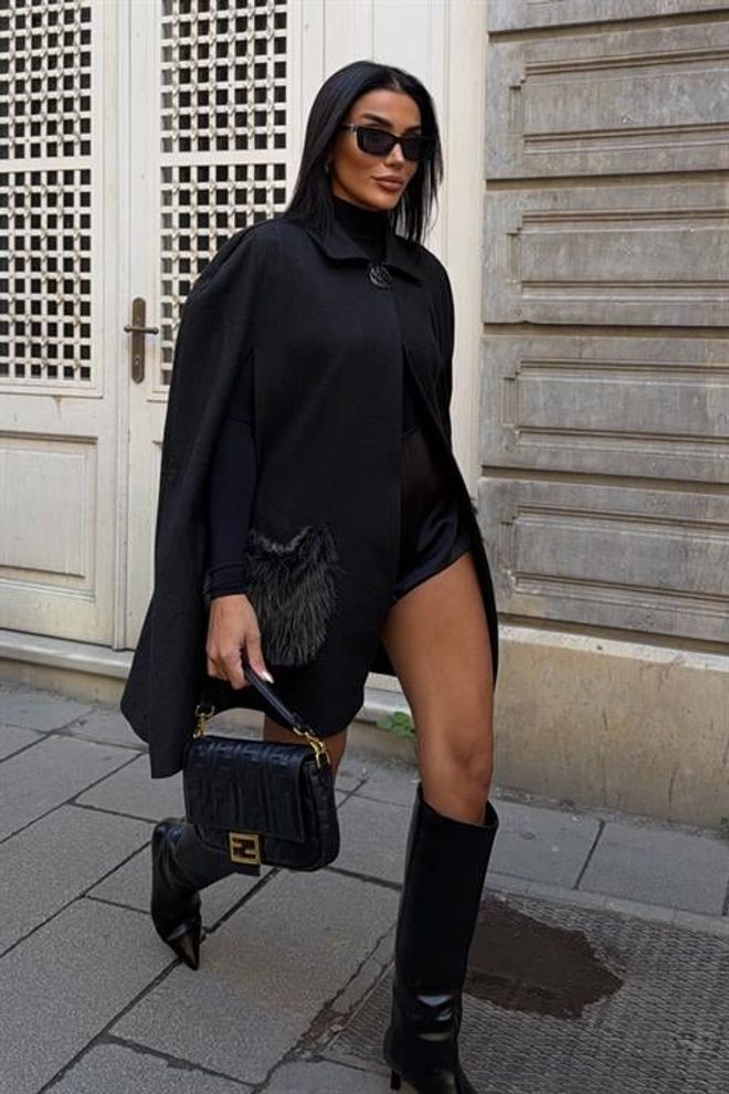 Sobe Istanbul Черно Елегантно Официално Пончо С Външен Джоб Дрехи на едро 5