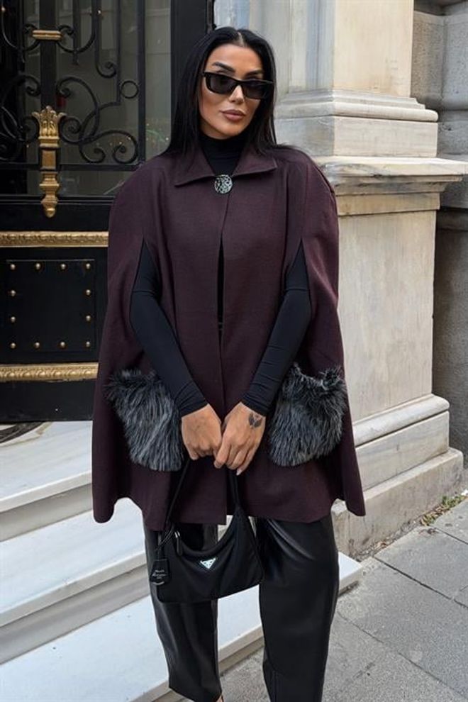 Sobe Istanbul Бордо Елегантен Пончо Дрехи на едро 1