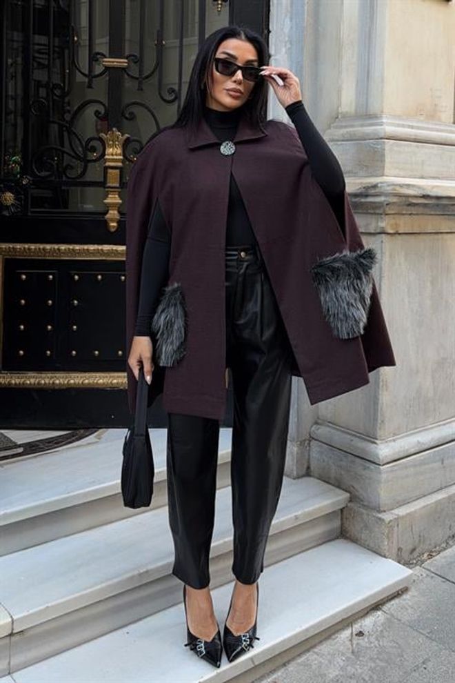 Sobe Istanbul Бордо Елегантен Пончо Дрехи на едро Официален