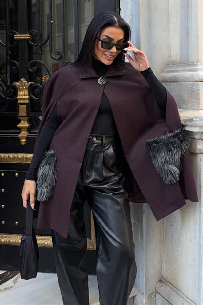 Sobe Istanbul Бордо Елегантен Пончо Дрехи на едро 5