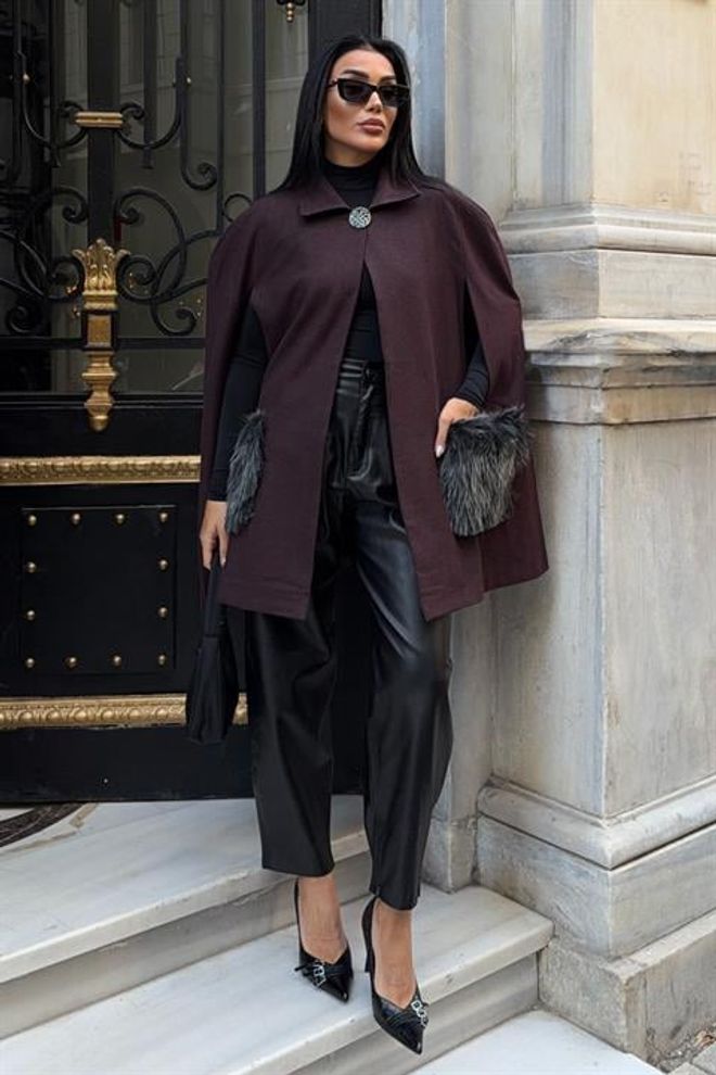 Sobe Istanbul Бордо Елегантен Пончо Дрехи на едро Есен