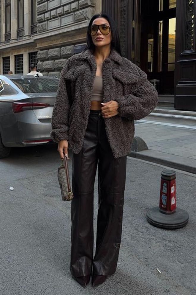 Sobe Istanbul Blouson Teddy Brun Boutonné Grande Taille Avec Poche À Rabat Vêtements en gros Décontracté