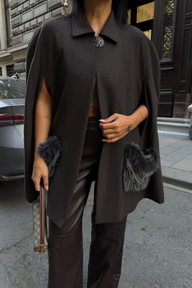 Sobe Istanbul Черно Елегантен Пончо С Джоб С Капак Дрехи на едро Работа