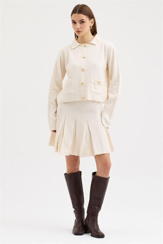 Sobe Istanbul Beige Pleated Skort Set With Long Sleeves Wholesale Clothing 1