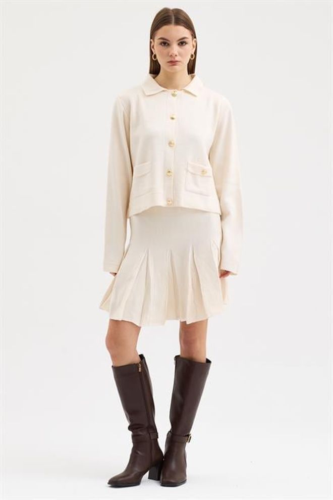 Sobe Istanbul Beige Pleated Skort Set With Long Sleeves Wholesale Clothing Casual