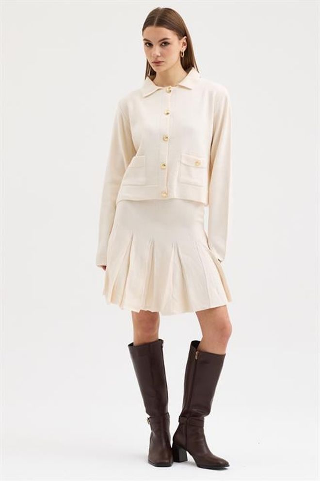 Sobe Istanbul Beige Pleated Skort Set With Long Sleeves Wholesale Clothing Preppy