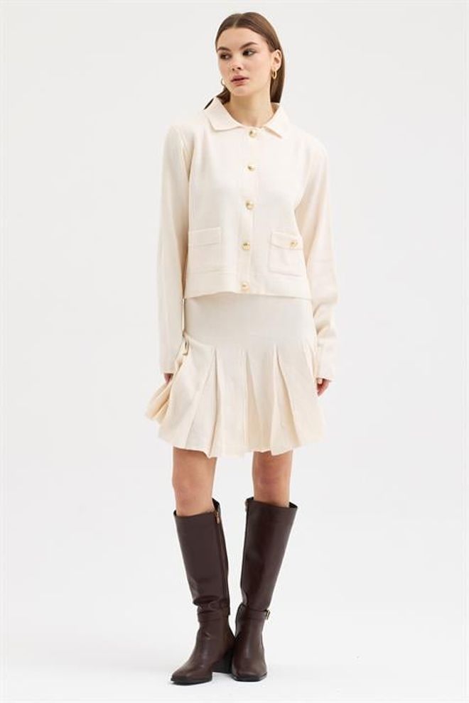 Sobe Istanbul Beige Pleated Skort Set With Long Sleeves Wholesale Clothing Work