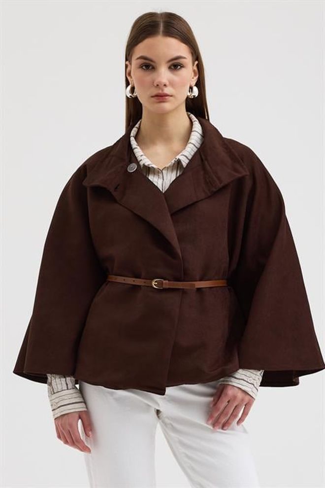 Sobe Istanbul Brown Elegant Oversized Poncho With Notched Neck Wholesale Clothing Casual
